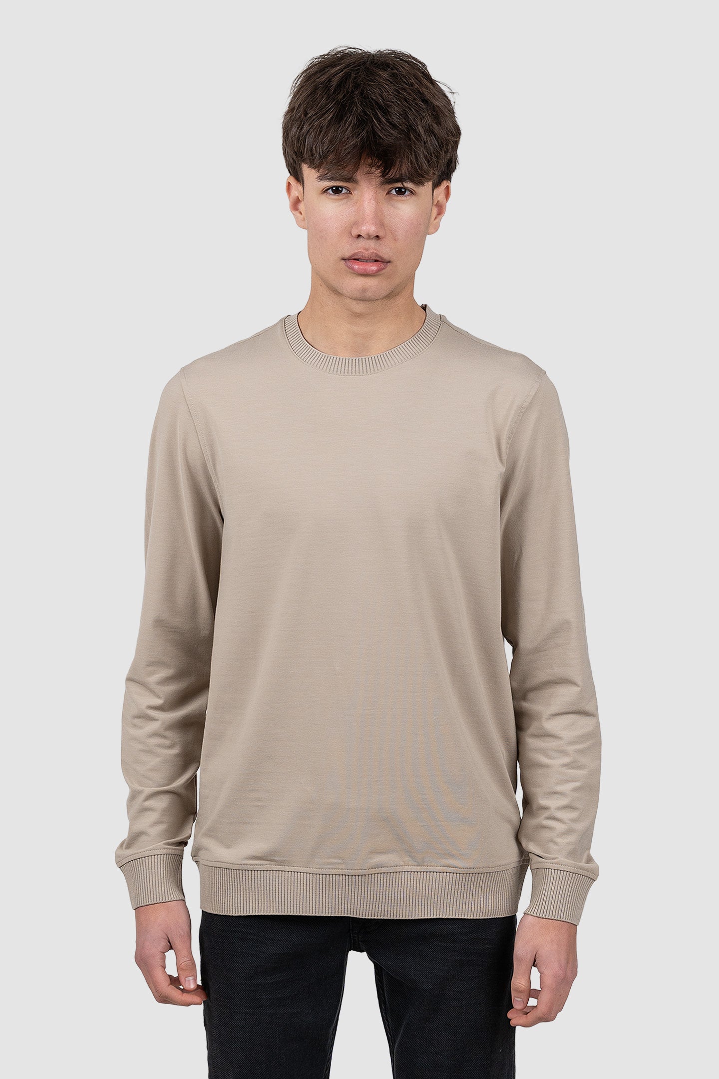 Bluză bărbați crew neck cu manșete rib, alb/bej