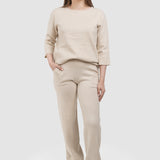 Compleu femei crem cu top lejer și pantaloni drepți tricot