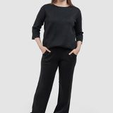 Compleu femei negru cu top lejer și pantaloni drepți tricot