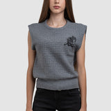 Vestă tricotată damă cu floare aplicată, culoare gri