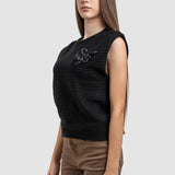 Vestă tricotată damă cu floare aplicată, culoare negru