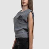 Vestă tricotată damă cu floare aplicată, culoare gri