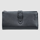 Portofel femei din piele naturală cu capsă și fermoar, negru