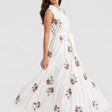 Rochie damă maxi fără mâneci cu imprimeu floral crem/bej