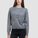 Pulover de damă gri cu aplicații florale decorative, talie unică