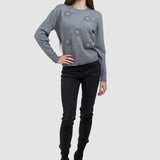 Pulover de damă gri cu aplicații florale decorative, talie unică