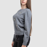 Pulover de damă gri cu aplicații florale decorative, talie unică