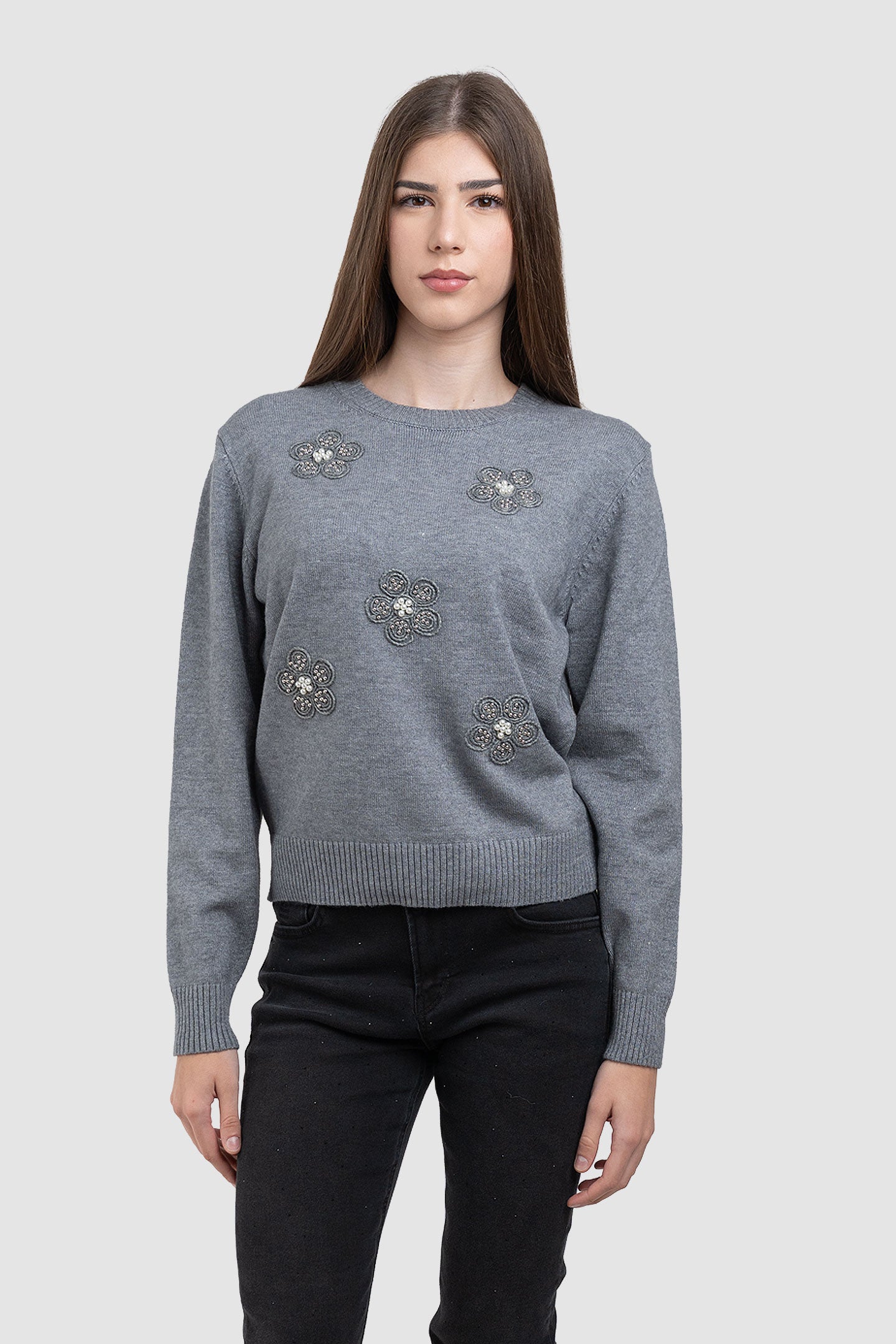 Pulover de damă gri cu aplicații florale decorative, talie unică