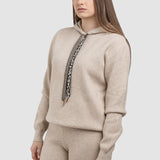 Compleu femei crem cu hanorac cu glugă și pantaloni tricot