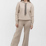 Compleu femei crem cu hanorac cu glugă și pantaloni tricot