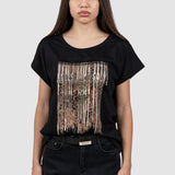 Tricou femei bumbac cu imprimeu aplicat negru