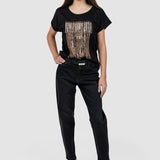 Tricou femei bumbac cu imprimeu aplicat negru