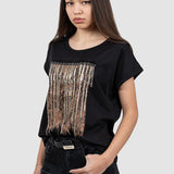Tricou femei bumbac cu imprimeu aplicat negru