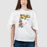 Tricou femei alb cu imprimeu floral multicolor