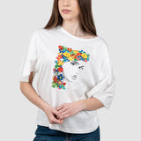 Tricou femei alb cu imprimeu floral multicolor