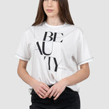 Tricou femei alb cu imprimeu text și buzunar