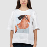 Tricou femei alb cu imprimeu grafic și aplicație lanț