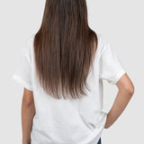 Tricou femei alb cu imprimeu text multicolor