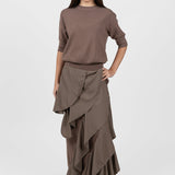 Compleu damă maro tricotat cu fustă asimetrică