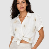 Cămașă damă crem din amestec cu in, broderie florală și nod frontal