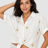 Cămașă damă crem din amestec cu in, broderie florală și nod frontal