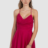 Rochie damă midi plisată cu bretele subțiri fucsia