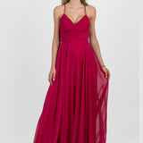 Rochie damă midi plisată cu bretele subțiri fucsia