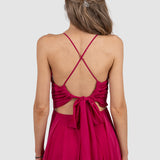 Rochie damă midi plisată cu bretele subțiri fucsia