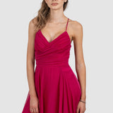 Rochie damă midi plisată cu bretele subțiri fucsia