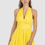 Rochie damă maxi din voal cu decolteu halter galben