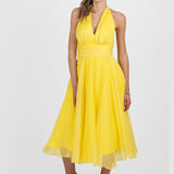 Rochie damă maxi din voal cu decolteu halter galben
