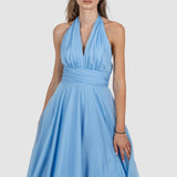 Rochie damă maxi din voal cu decolteu halter albastru