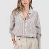 Cămașă damă din bumbac cu dungi BEJ/ALB