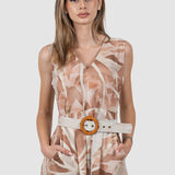 Rochie midi de vară din in cu imprimeu vegetal bej