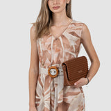 Rochie midi de vară din in cu imprimeu vegetal bej