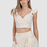 Compleu femei din bumbac cu broderie florală crem