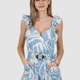 Rochie midi femei din in cu imprimeu floral albastru
