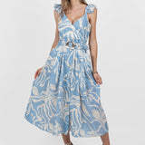 Rochie midi femei din in cu imprimeu floral albastru