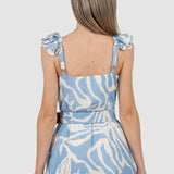 Rochie midi femei din in cu imprimeu floral albastru