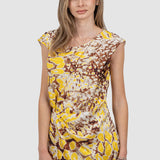 Rochie maxi femei cu imprimeu abstract galben/maro mix