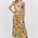Rochie maxi femei cu imprimeu abstract galben/maro mix