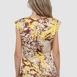 Rochie maxi femei cu imprimeu abstract galben/maro mix