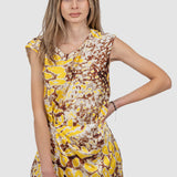 Rochie maxi femei cu imprimeu abstract galben/maro mix