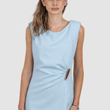 Rochie damă midi bleu cu drapaj lateral și slit frontal
