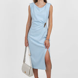 Rochie damă midi bleu cu drapaj lateral și slit frontal