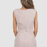 Rochie damă midi bej cu volan decorativ și drapaj