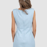 Rochie damă midi bleu cu drapaj lateral și slit frontal
