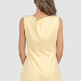 Rochie damă midi galbenă cu drapaj lateral și slit frontal