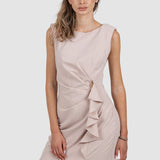 Rochie damă midi bej cu volan decorativ și drapaj
