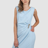 Rochie damă midi bleu cu drapaj lateral și slit frontal
